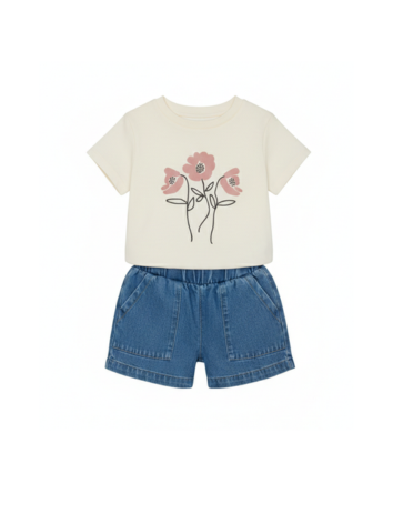 Conjunto Niña – Camiseta Floral Beige y Short Denim con Bolsillos