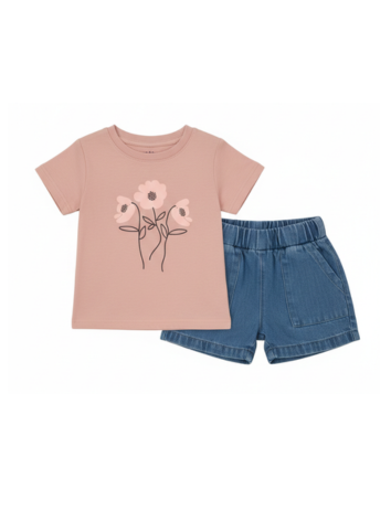 Conjunto Niña – Camiseta Floral Guayaba y Short Denim con Bolsillos