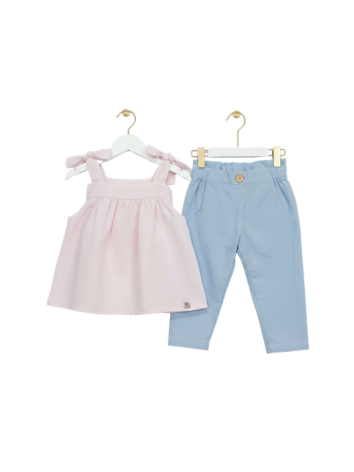 Conjunto Verano Niña – Blusa Rosa con Lazos y Pantalón Estilo Dril