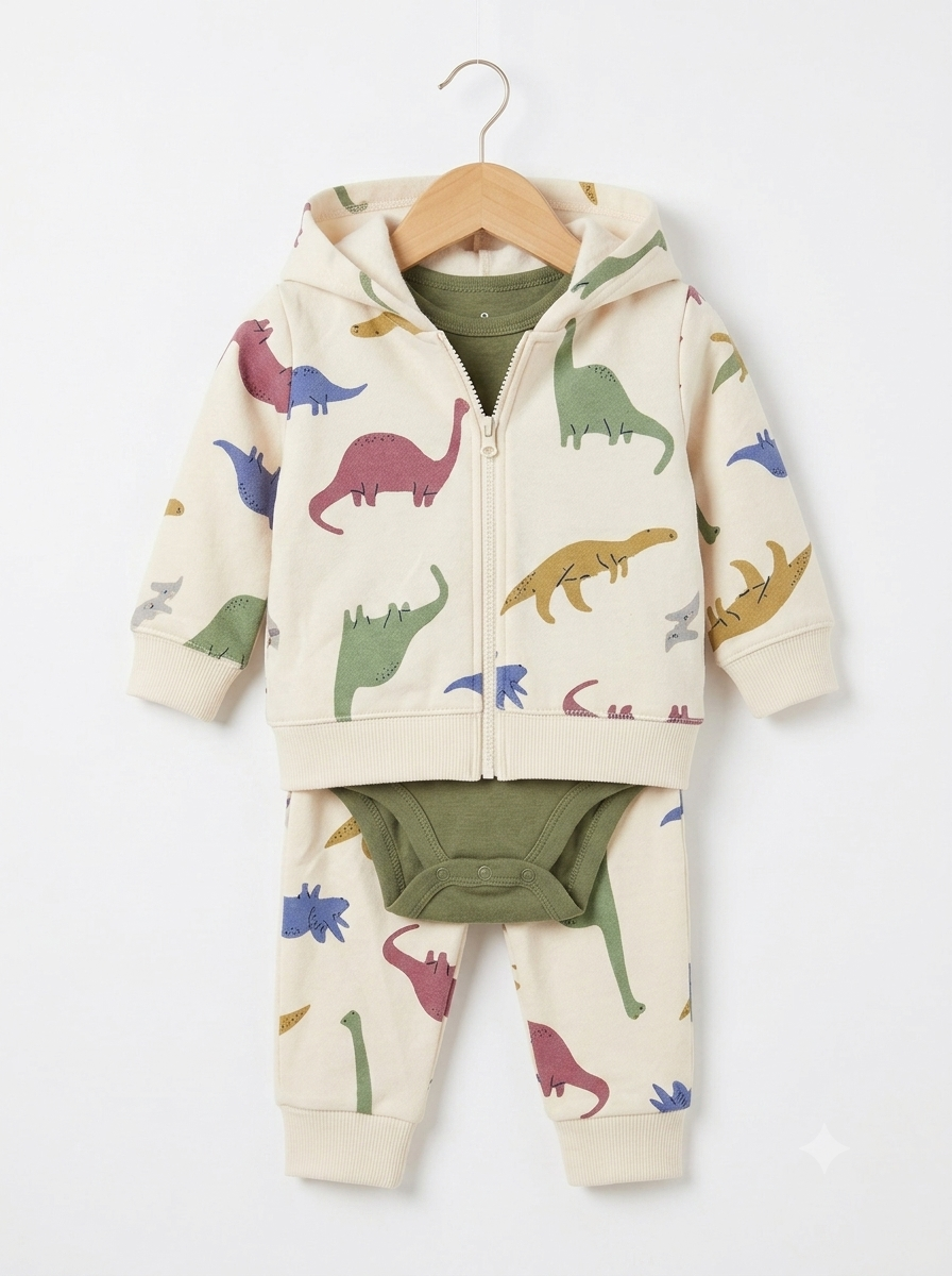 Conjunto Importado Set 3 Piezas para Bebé "Dinos Siluetas"