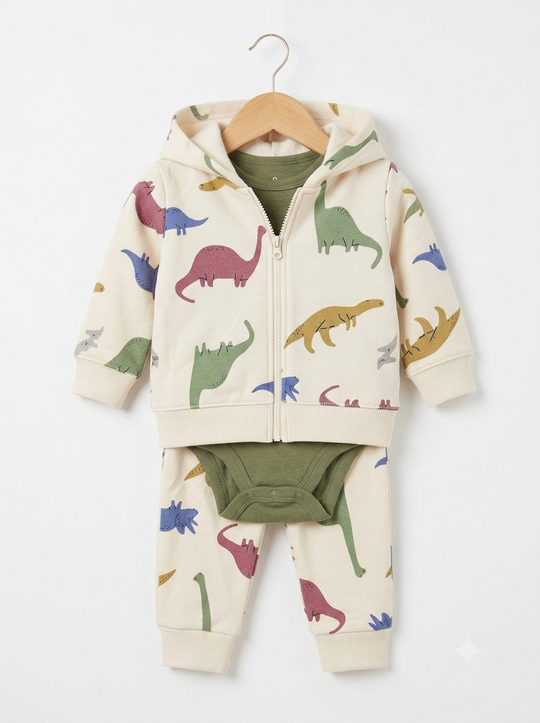 Conjunto Importado Set 3 Piezas para Bebé "Dinos Siluetas"
