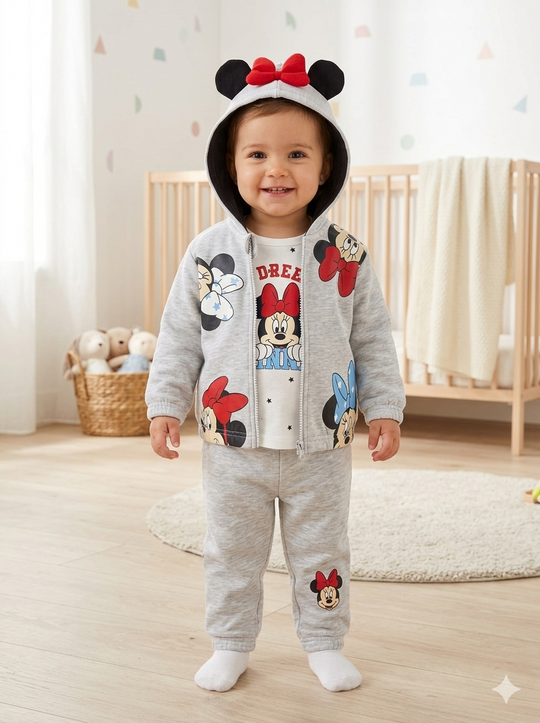 Conjunto Disney Set 3 Piezas Minnie Mouse Gris con Capucha de Orejitas
