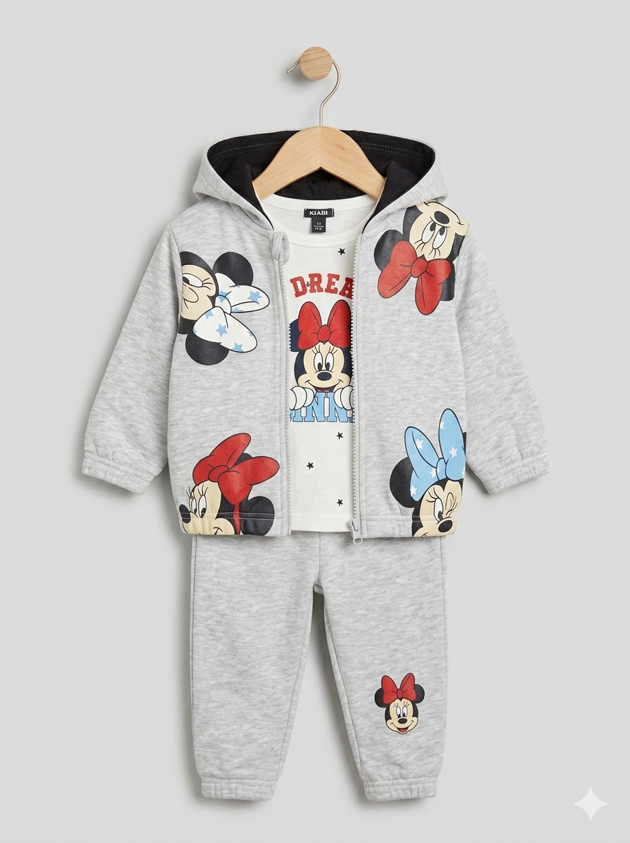 Conjunto Disney Set 3 Piezas Minnie Mouse Gris con Capucha de Orejitas