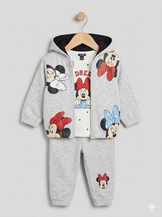 Conjunto Disney Set 3 Piezas Minnie Mouse Gris con Capucha de Orejitas