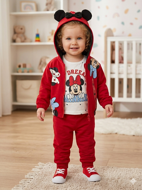 Conjunto Disney Set 3 Piezas Minnie Mouse Rojo con Capucha de Orejitas