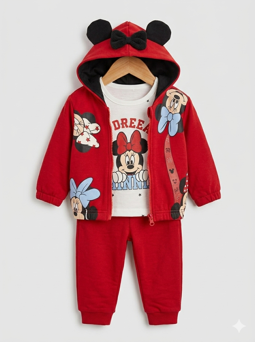 Conjunto Disney Set 3 Piezas Minnie Mouse Rojo con Capucha de Orejitas