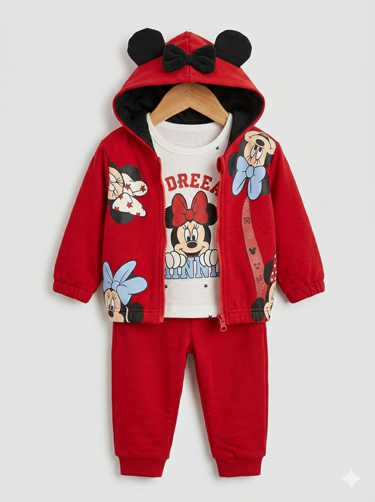 Conjunto Disney Set 3 Piezas Minnie Mouse Rojo con Capucha de Orejitas