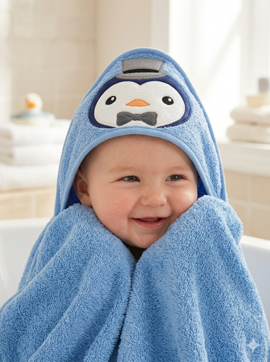 Toalla con Capucha de Pingüino Elegante para Bebé - 100% Algodón