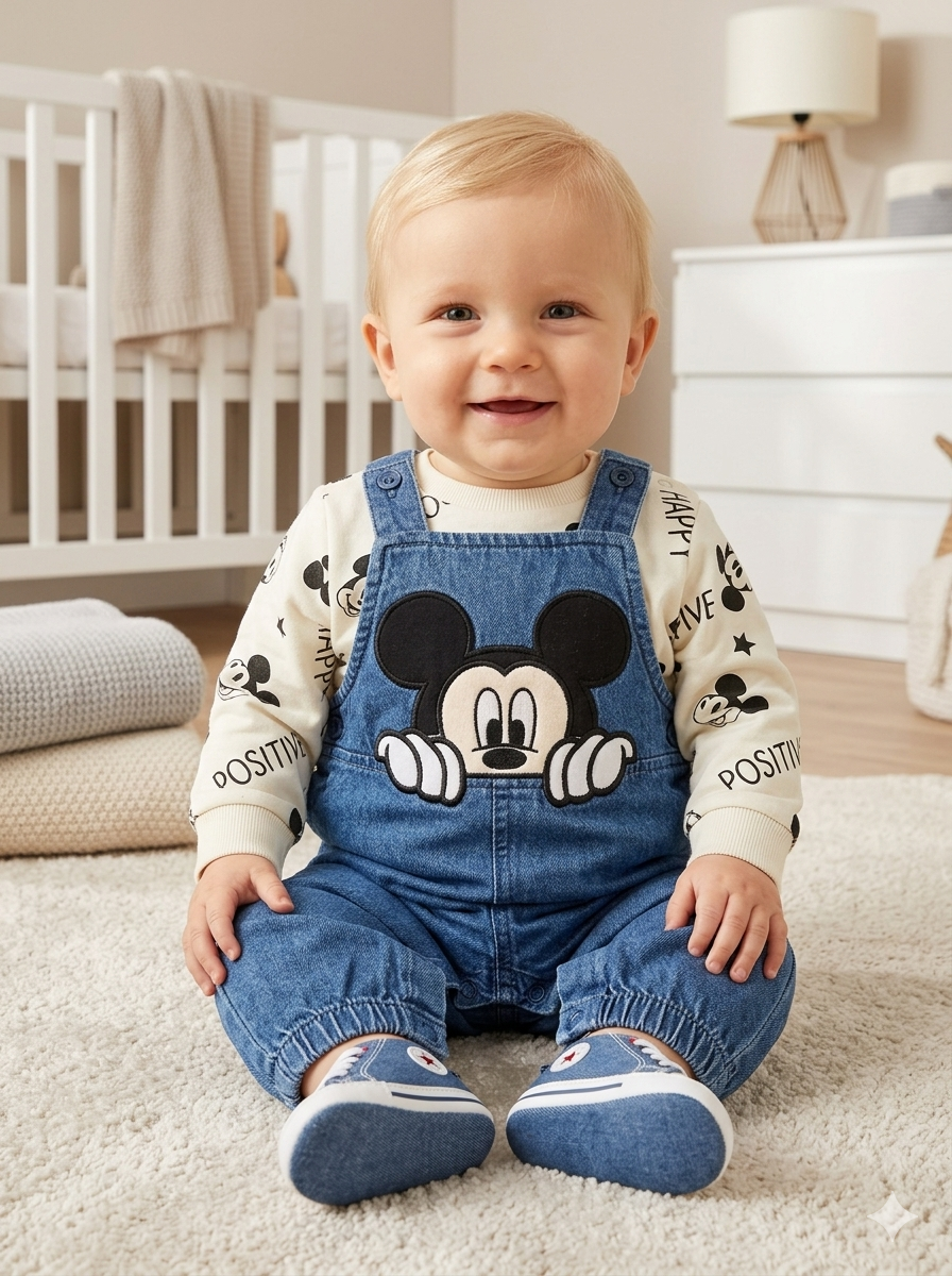Overol Importado en Denim Mickey Mouse y Camiseta Manga Larga