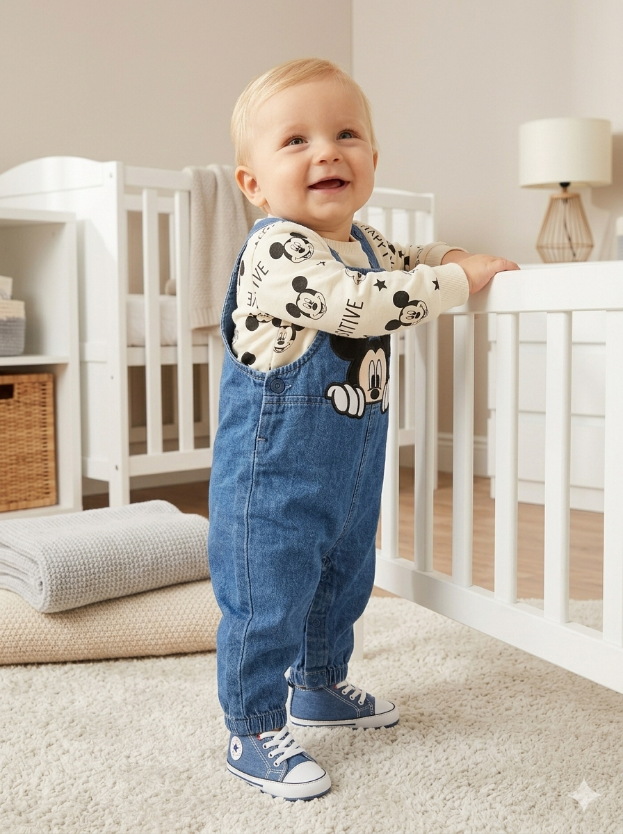 Overol Importado en Denim Mickey Mouse y Camiseta Manga Larga