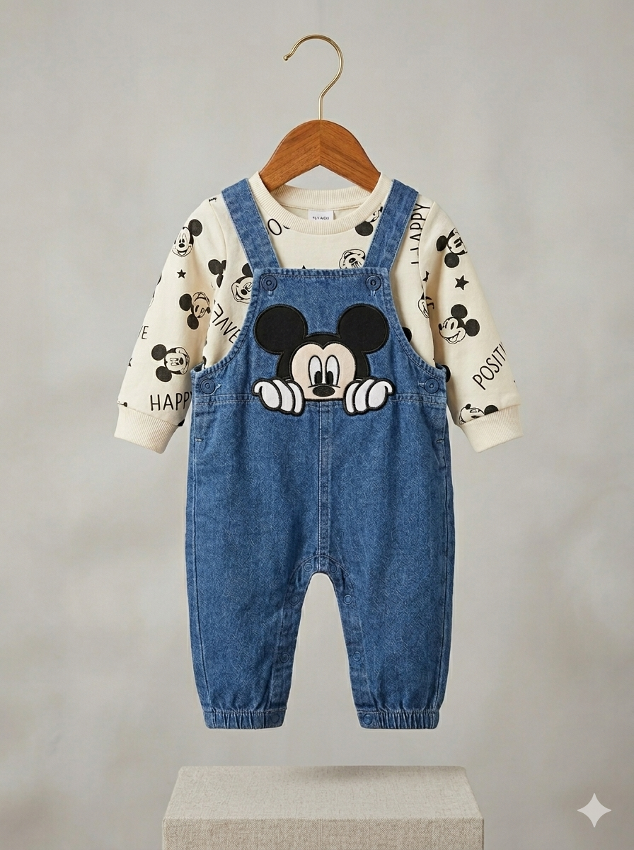 Overol Importado en Denim Mickey Mouse y Camiseta Manga Larga