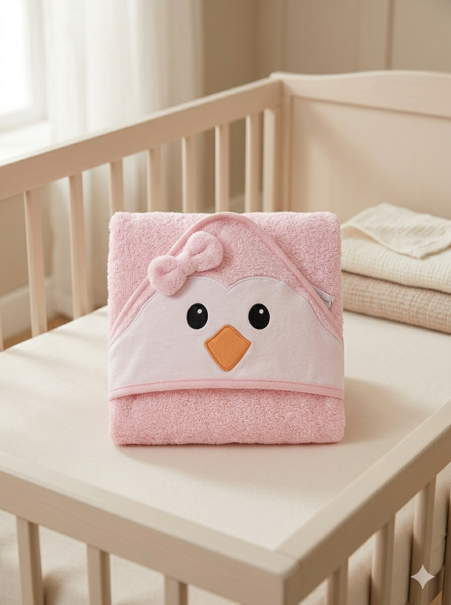 Toalla con Capucha de Pingüina Rosa para Bebé - 100% Algodón
