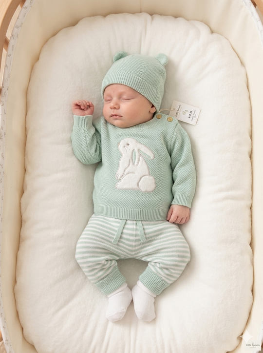 Set Primera Muda Bebé Verde Menta – Diseño Conejo en Hilo