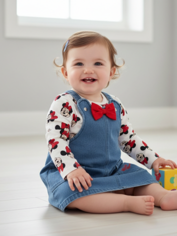 Set Jardinera Denim Disney Minnie Mouse con Lazo Rojo y Camiseta Manga Larga