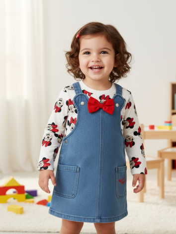 Set Jardinera Denim Disney Minnie Mouse con Lazo Rojo y Camiseta Manga Larga