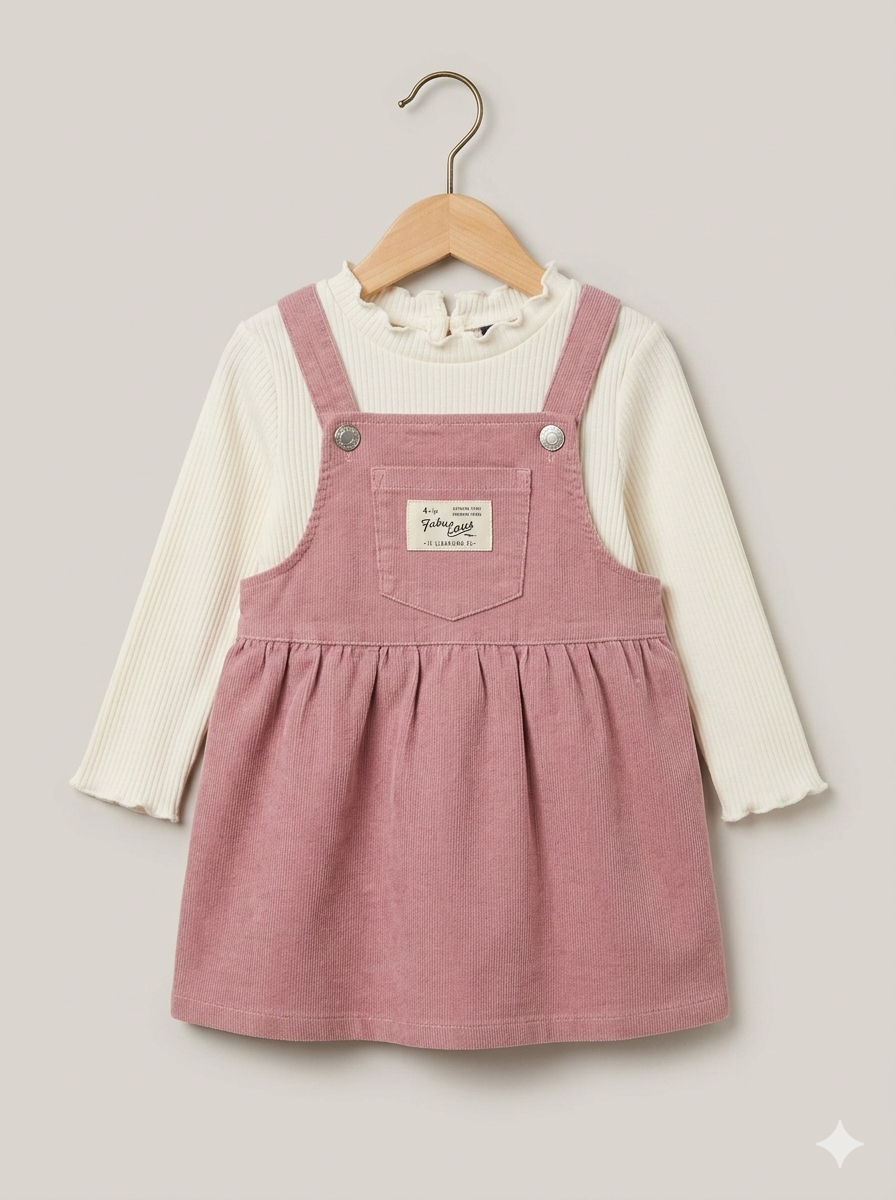 Jardinera de Jean Rosada y Camiseta Acanalada con Cuello Ondulado