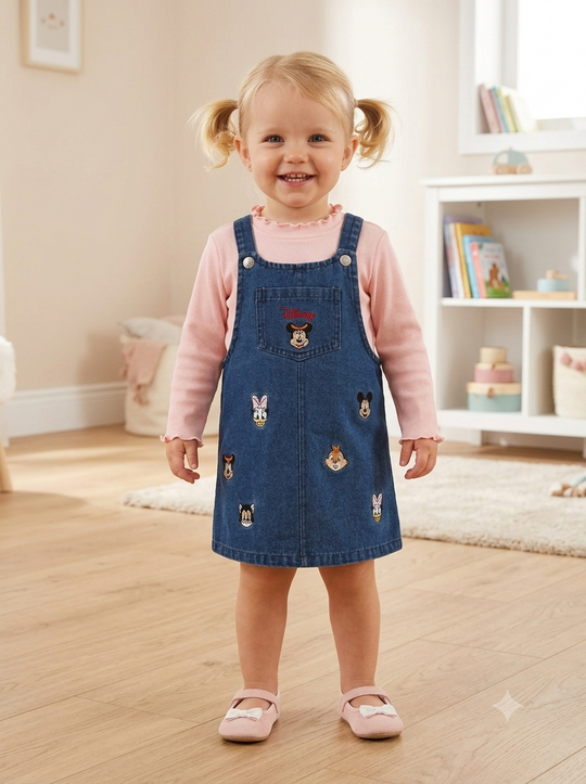 Jardinera Importada en Jeans "Minnie & Amigos" con Camiseta Rosa Integrada