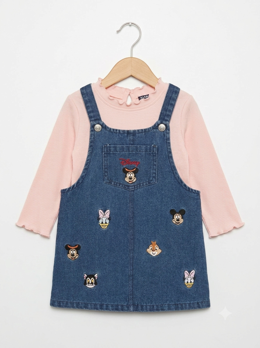 Jardinera Importada en Jeans "Minnie & Amigos" con Camiseta Rosa Integrada