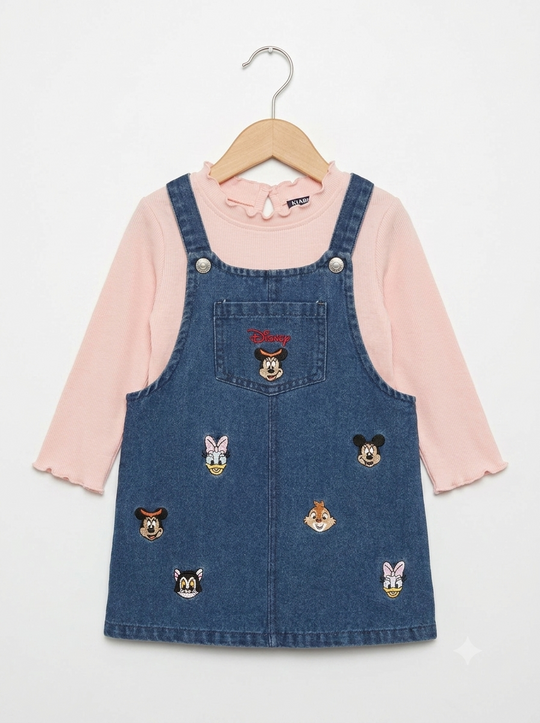 Jardinera Importada en Jeans "Minnie & Amigos" con Camiseta Rosa Integrada