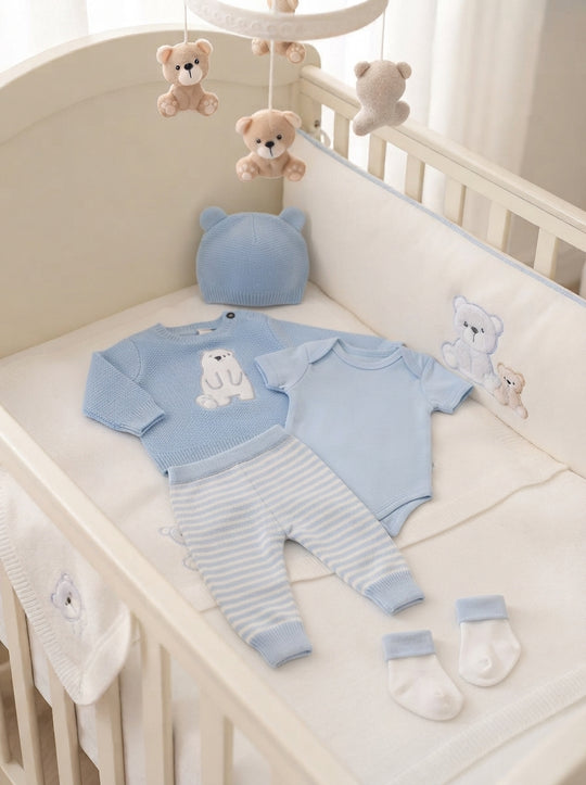 Set Primera Muda para Bebé Niño – Diseño Oso Azul en Hilo de Algodón