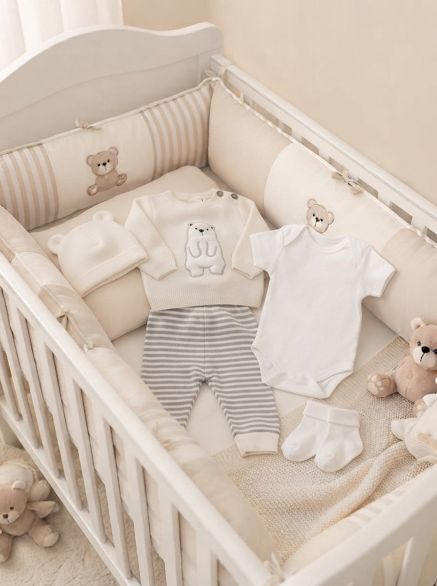 Set Primera Muda para Bebé  – Diseño Oso Blanco en Hilo de Algodón