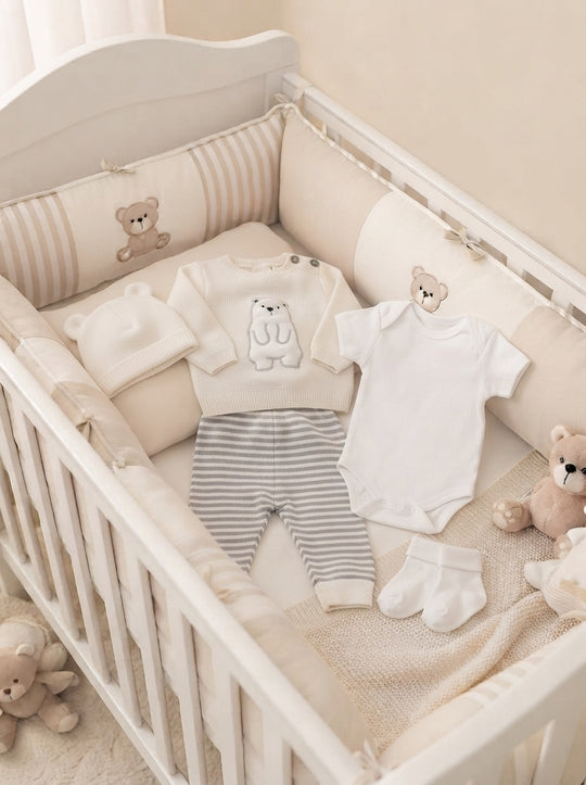 Set Primera Muda para Bebé  – Diseño Oso Blanco en Hilo de Algodón
