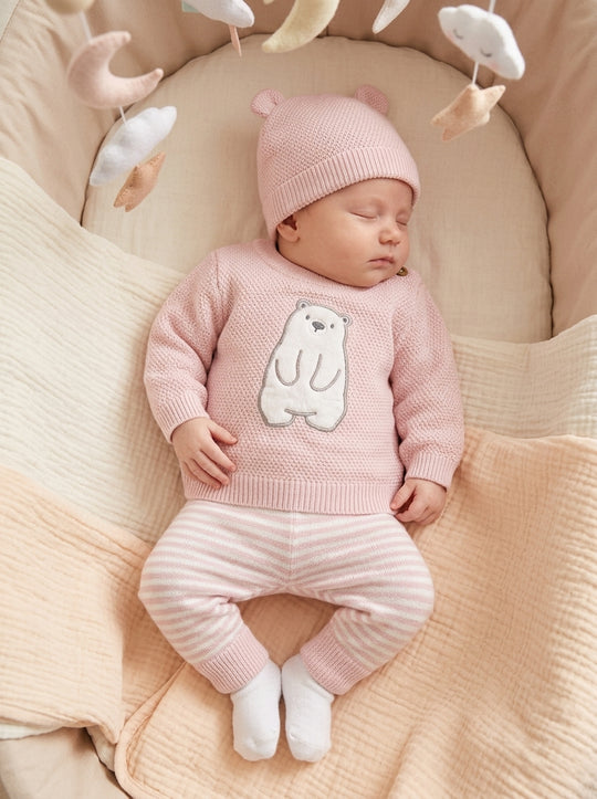 Set Primera Muda para Bebé Niña – Diseño Osa Rosado en Hilo de Algodón