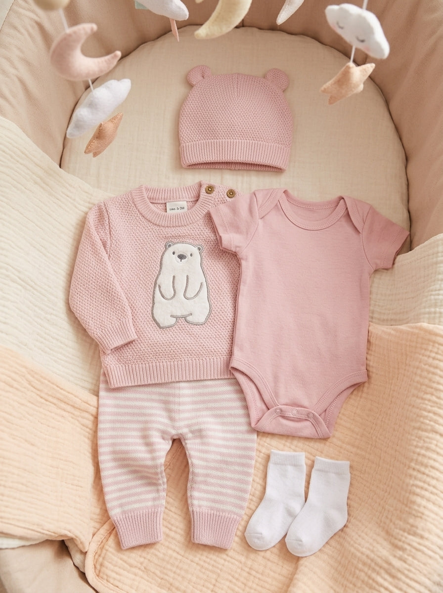 Set Primera Muda para Bebé Niña – Diseño Osa Rosado en Hilo de Algodón