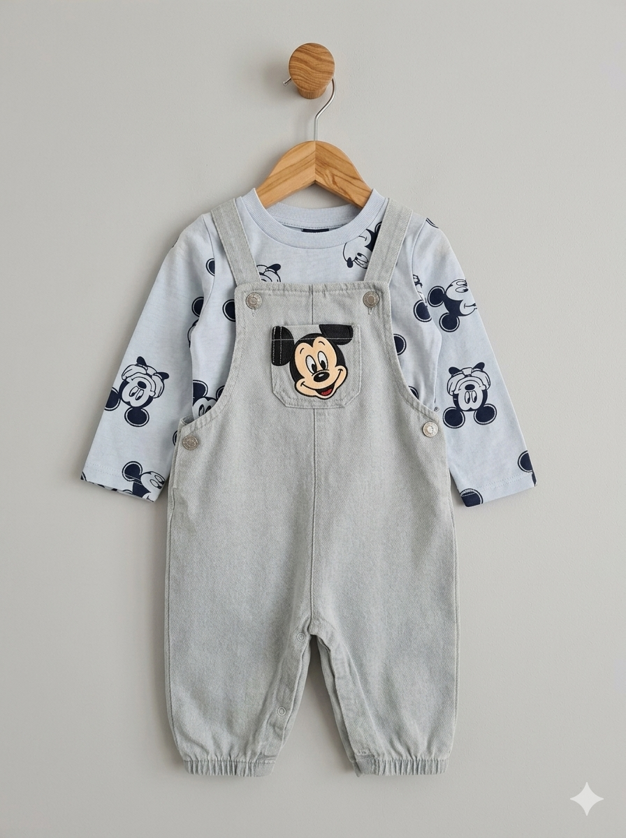 Conjunto Disney Mickey Mouse: Overol de Denim Claro y Camiseta Estampada Manga Larga
