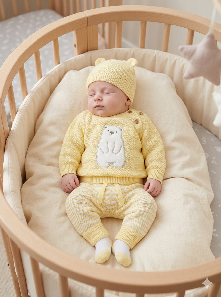 Set Primera Muda Bebé Amarillo – Diseño Osito Polar en Hilo