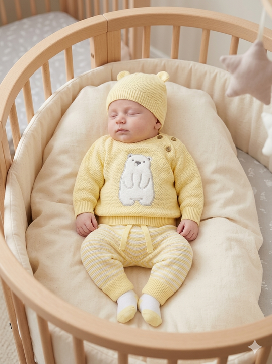 Set Primera Muda Bebé Amarillo – Diseño Osito Polar en Hilo