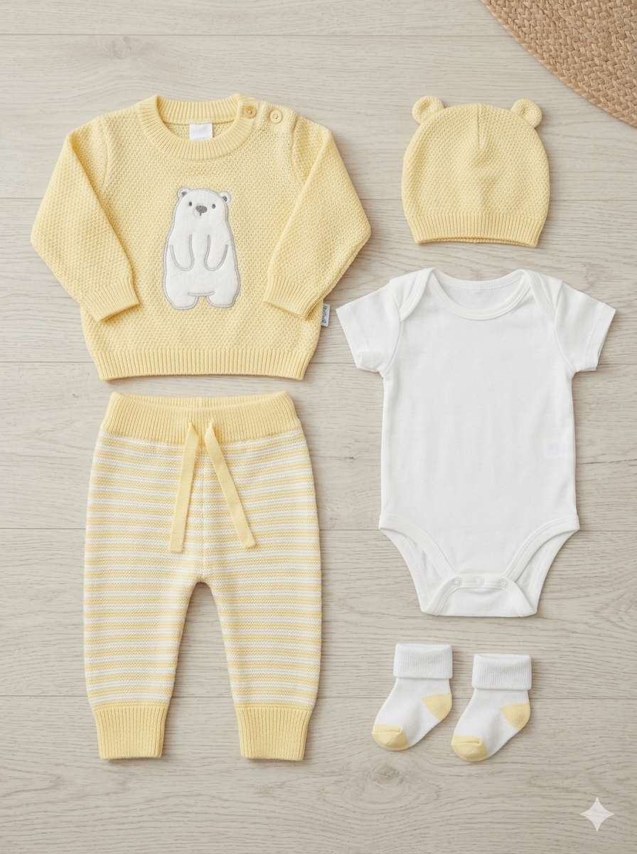 Set Primera Muda Bebé Amarillo – Diseño Osito Polar en Hilo