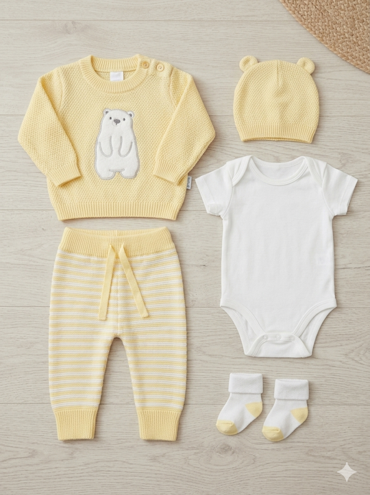 Set Primera Muda Bebé Amarillo – Diseño Osito Polar en Hilo