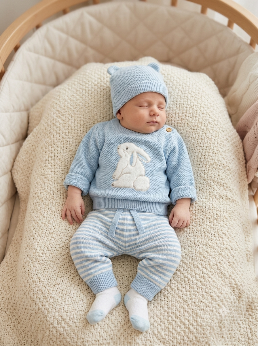Set Primera Muda Bebé Azul – Diseño Conejo en Hilo