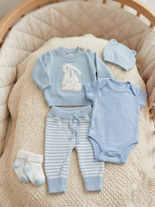 Set Primera Muda Bebé Azul – Diseño Conejo en Hilo