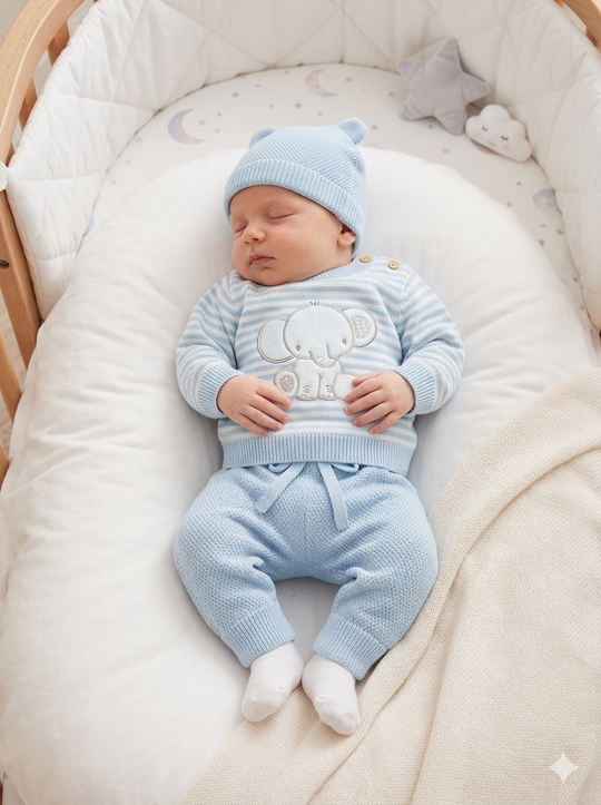 Set Primera Muda para Bebé en Hilo Premium – Azul Pastel y Blanco Elefantito