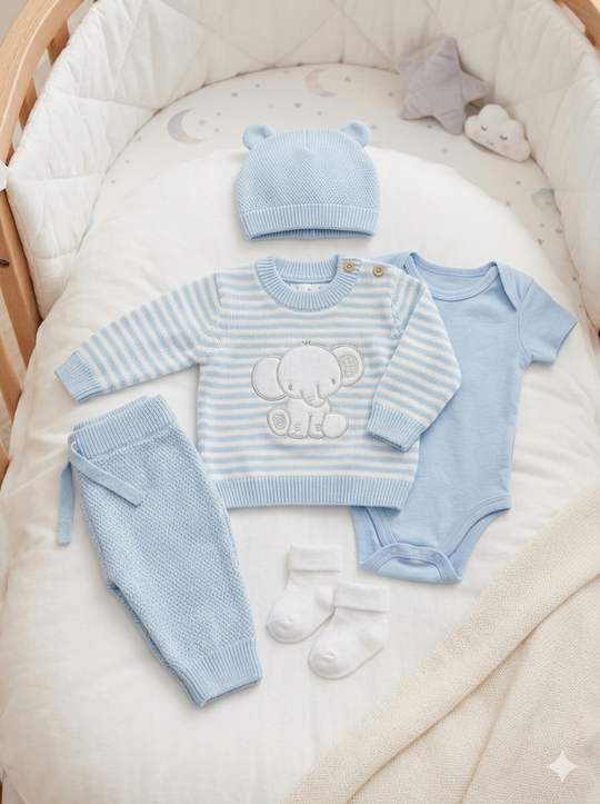 Set Primera Muda para Bebé en Hilo Premium – Azul Pastel y Blanco Elefantito
