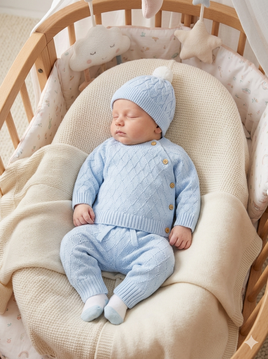 Set Primera Muda para Bebé en Hilo Tejido Premium – Azul Unicolor
