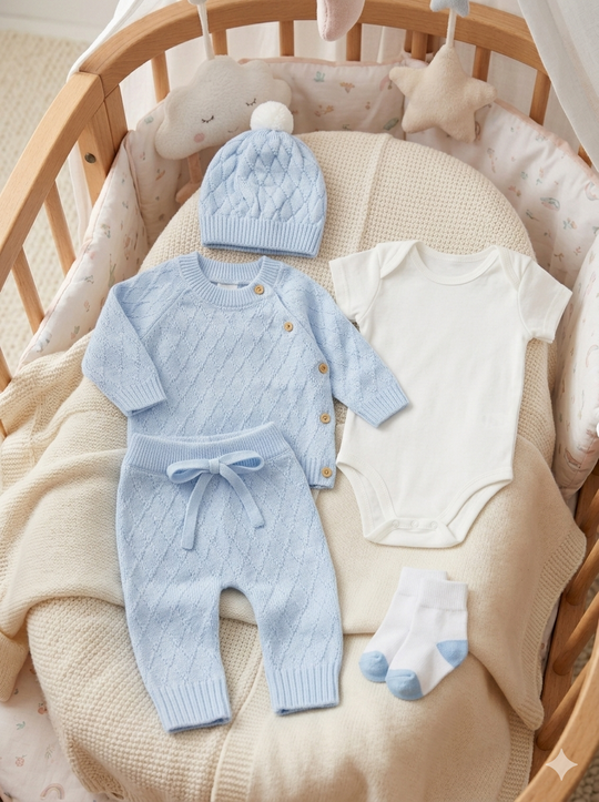 Set Primera Muda para Bebé en Hilo Tejido Premium – Azul Unicolor