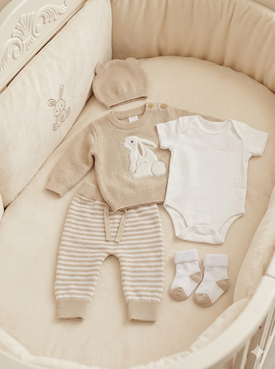 Set Primera Muda para Bebé en Hilo Premium – Beige Conejito