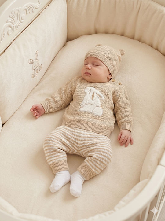 Set Primera Muda para Bebé en Hilo Premium – Beige Conejito