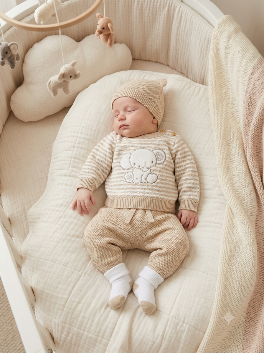 Set Primera Muda Premium Tejido en Hilo - Colección Elefante Beige Bebé