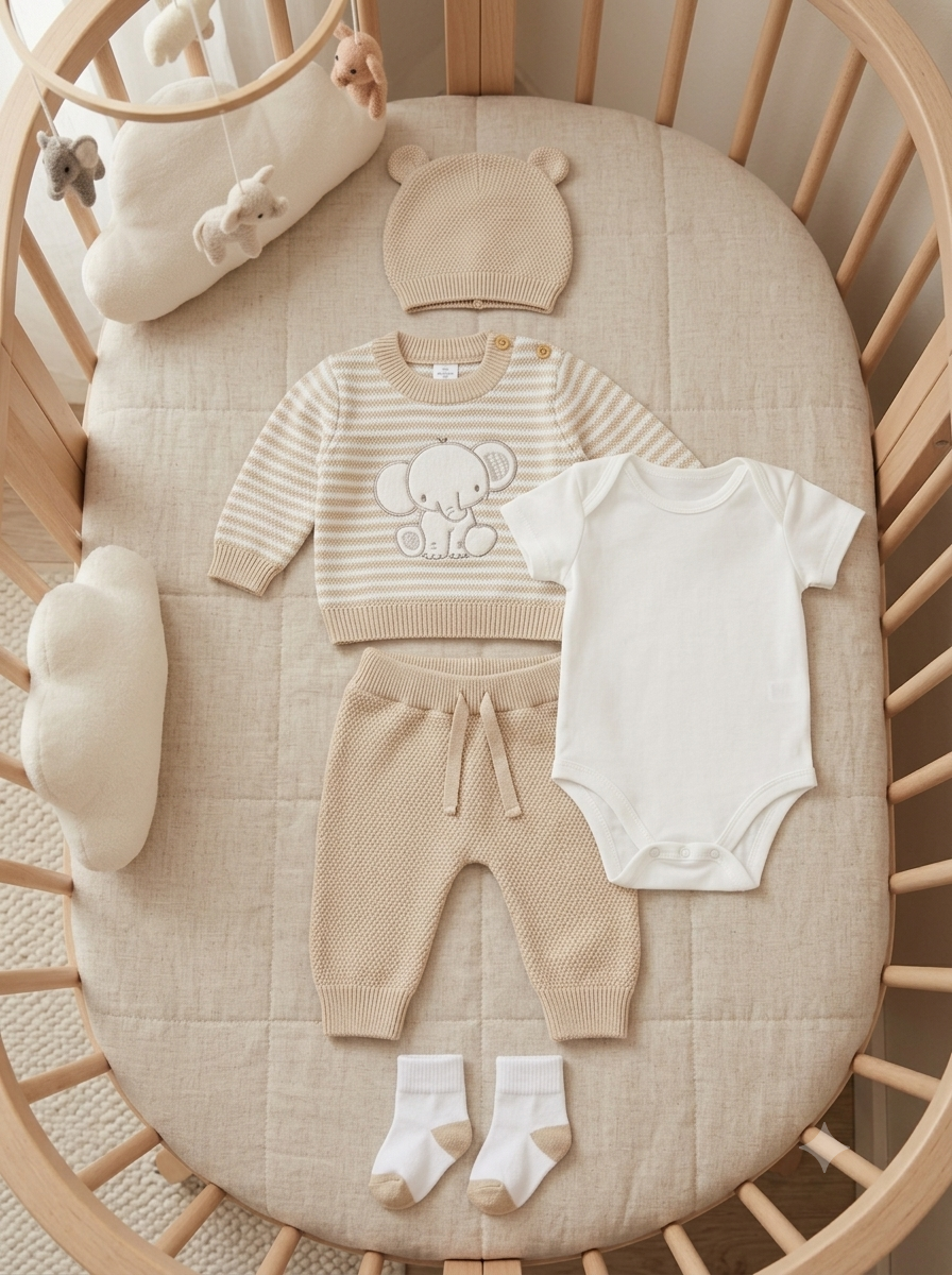 Set Primera Muda Premium Tejido en Hilo - Colección Elefante Beige Bebé