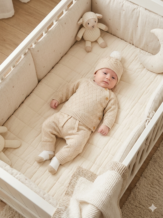 Set Primera Muda para Bebé en Hilo Tejido Premium – Beige Unicolor