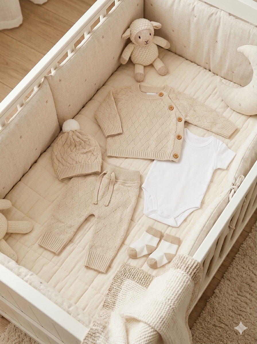 Set Primera Muda para Bebé en Hilo Tejido Premium – Beige Unicolor
