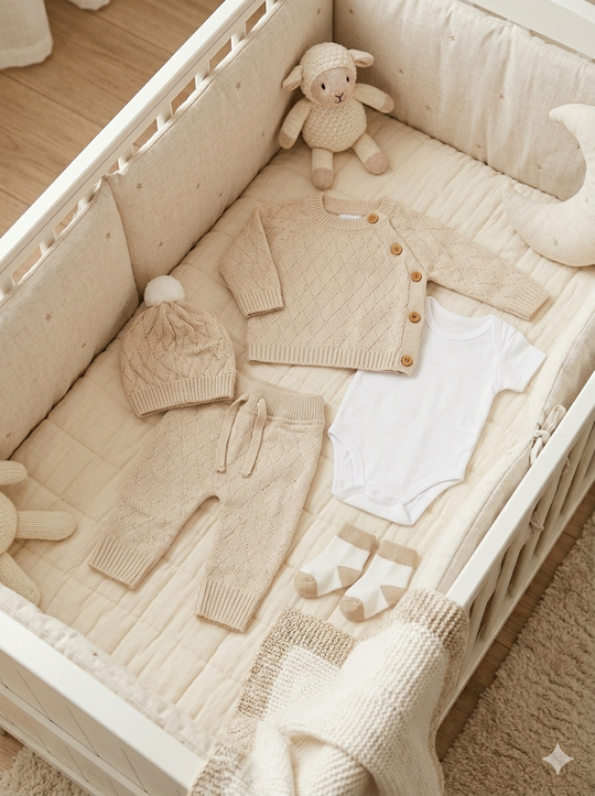 Set Primera Muda para Bebé en Hilo Tejido Premium – Beige Unicolor