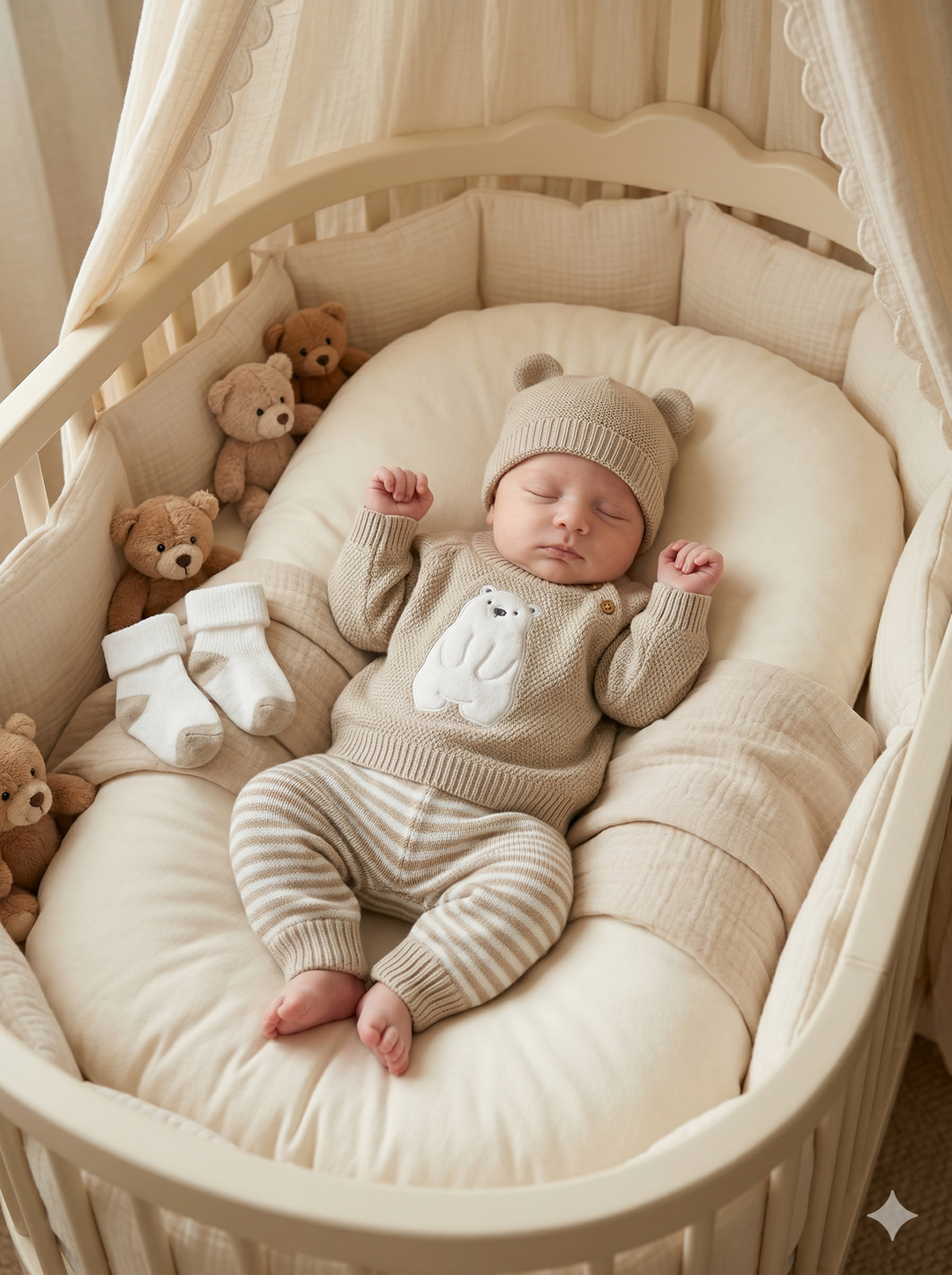Set Primera Muda Bebé Beige – Diseño Osito Polar en Hilo