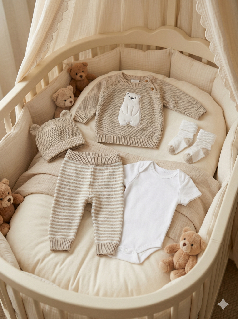 Set Primera Muda Bebé Beige – Diseño Osito Polar en Hilo