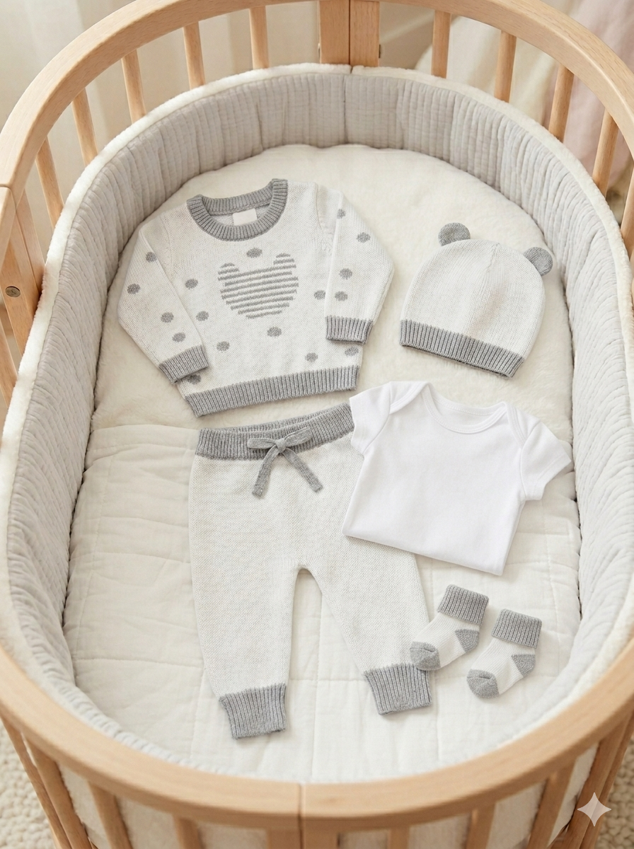 Set Primera Muda Bebé  "Osito Grey" en Hilo – 5 Piezas