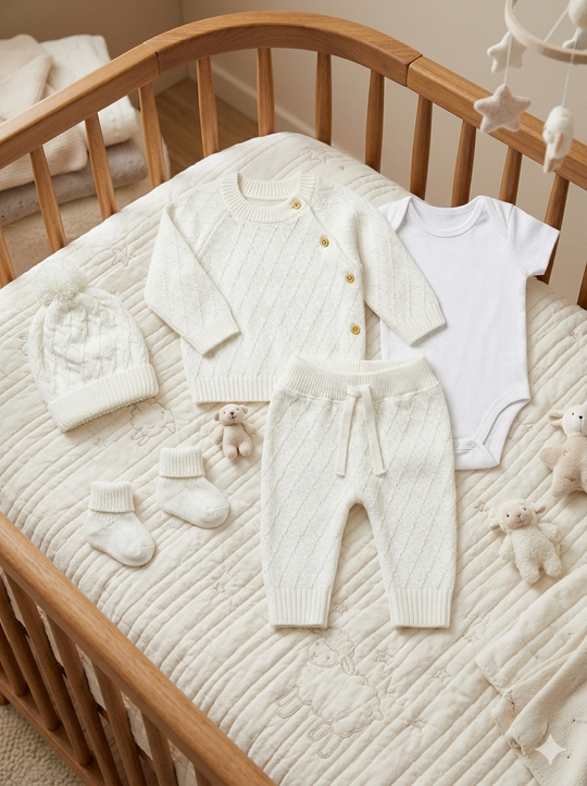 Set Primera Muda para Bebé en Hilo Tejido Premium – Blanco Unicolor